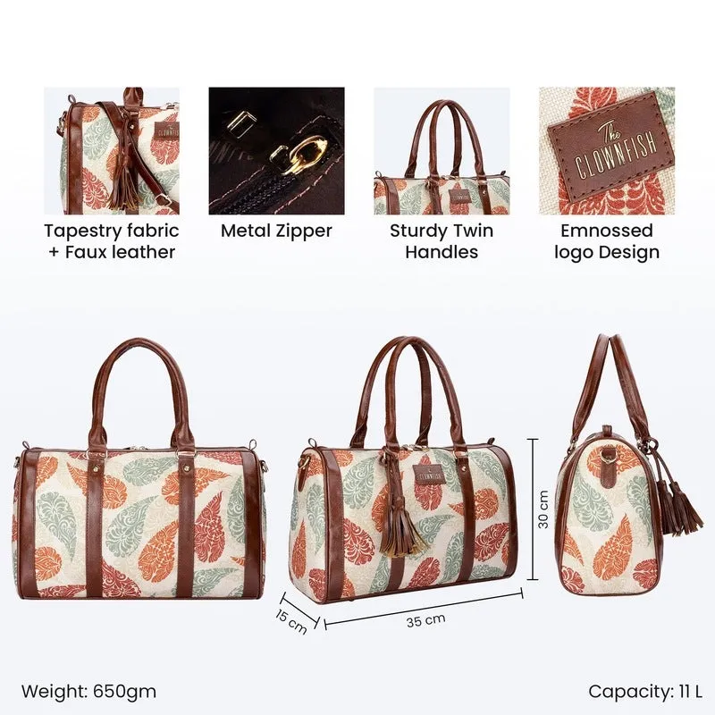 THE CLOWNFISH Lorna Printed Handicraft Fabric & Faux Leather Handbag Sling Bag for Women Office Bag Ladies Shoulder Bag Tote For Women College Girls (Cream-Leaf Design)