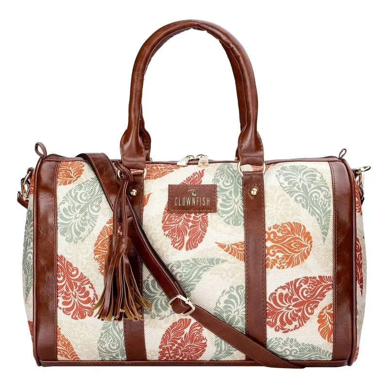 THE CLOWNFISH Lorna Printed Handicraft Fabric & Faux Leather Handbag Sling Bag for Women Office Bag Ladies Shoulder Bag Tote For Women College Girls (Cream-Leaf Design)