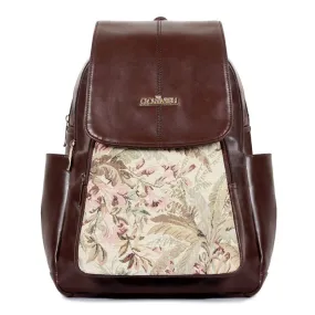 THE CLOWNFISH Medium Size Minerva Faux Leather & Tapestry Women's Standard Backpack College School Bag Casual Travel Standard Backpack For Ladies Girls (Brown- Floral), 10 Litre