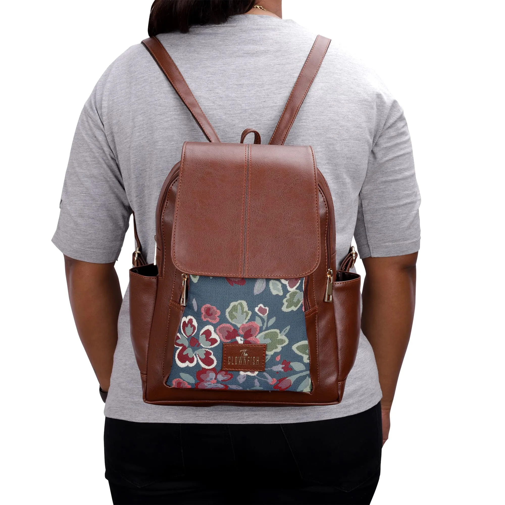 THE CLOWNFISH Minerva Faux Leather & Tapestry Women's Standard Backpack College School Bag Casual Travel Standard Backpack For Ladies Girls (Persian Blue- Floral), 10 Litre