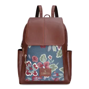 THE CLOWNFISH Minerva Faux Leather & Tapestry Women's Standard Backpack College School Bag Casual Travel Standard Backpack For Ladies Girls (Persian Blue- Floral), 10 Litre