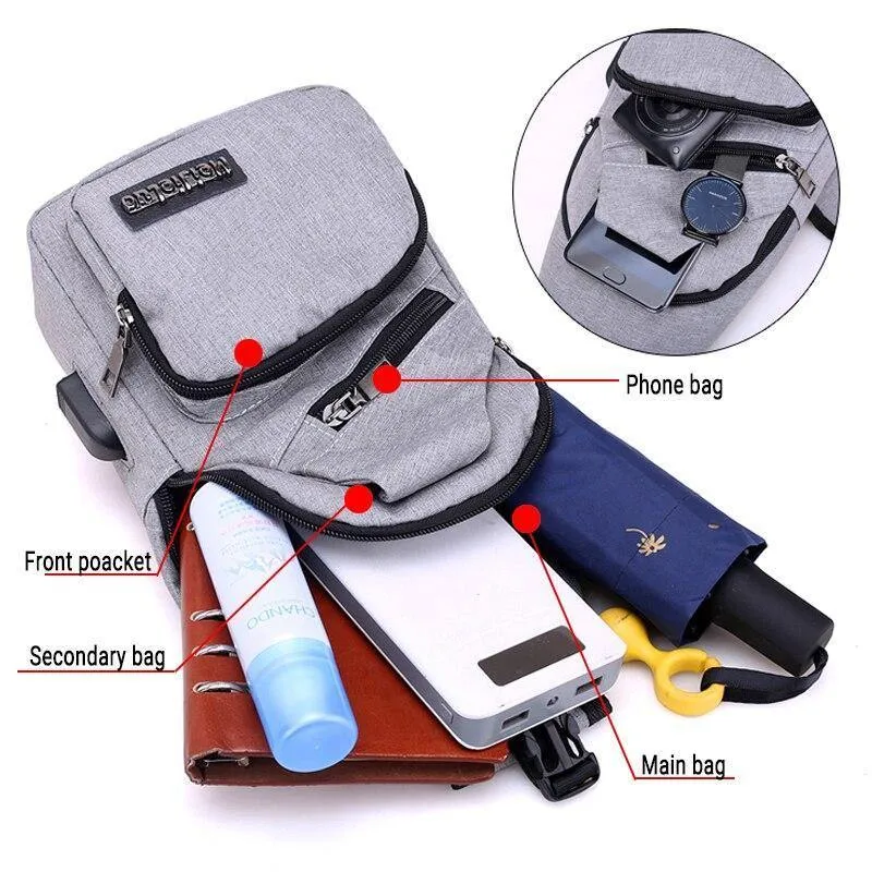 Travel Sling Shoulder USB Charge Chest Bag Men Casual Multifunction Waterproof Crossbody Bag Women Short Trip Unisex Women Bag