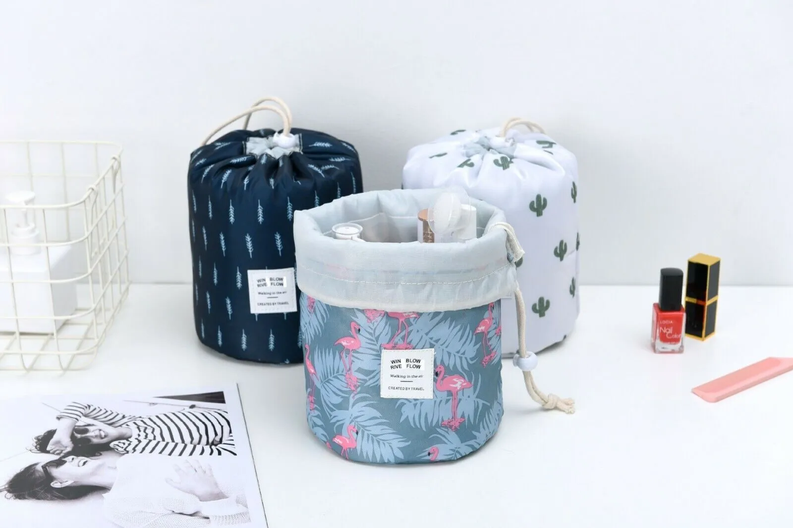 US 1-2 Pcs Large Barrel Travel Cosmetic Bag Nylon Organizer Drawstring Toiletry