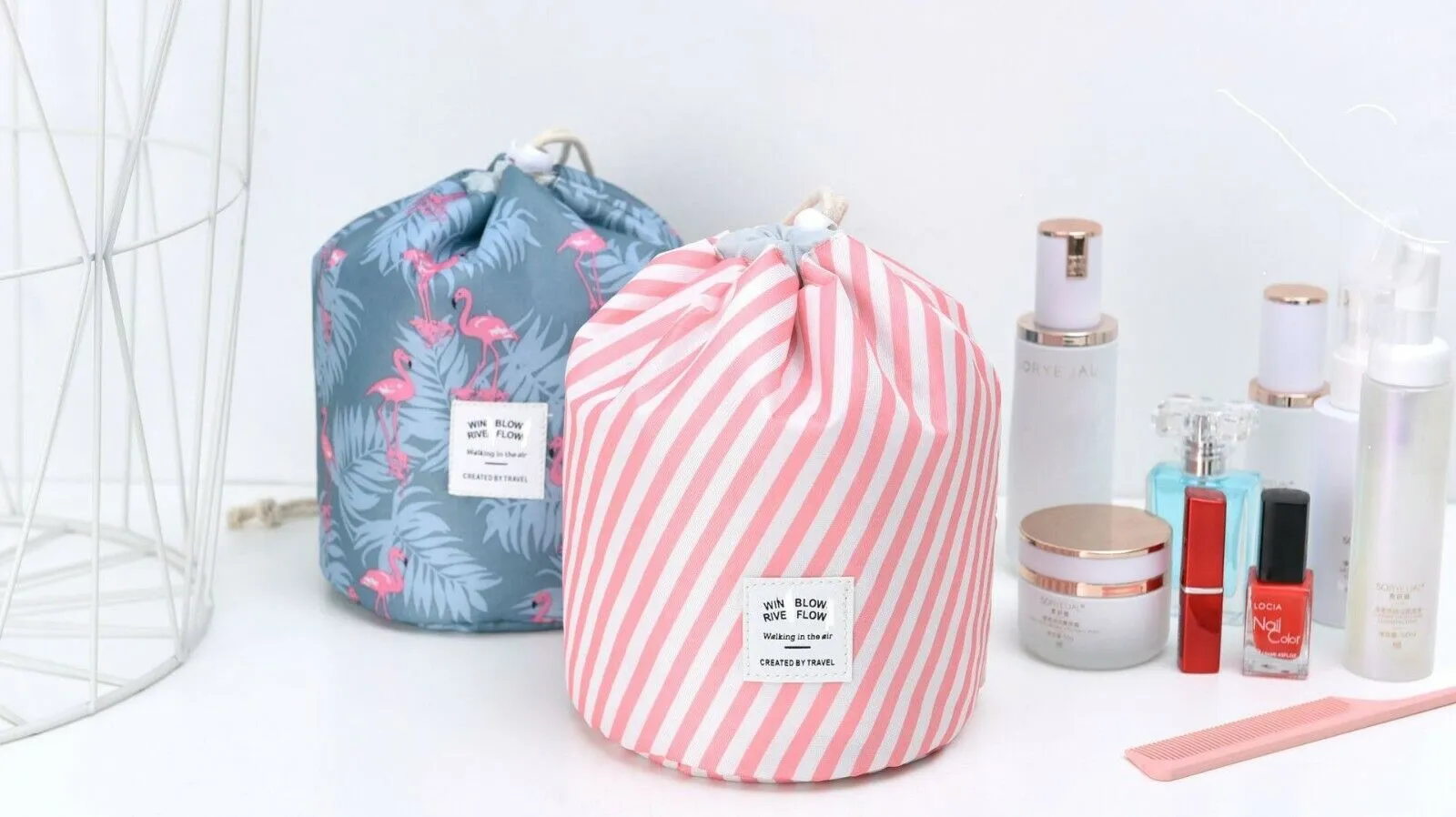 US 1-2 Pcs Large Barrel Travel Cosmetic Bag Nylon Organizer Drawstring Toiletry