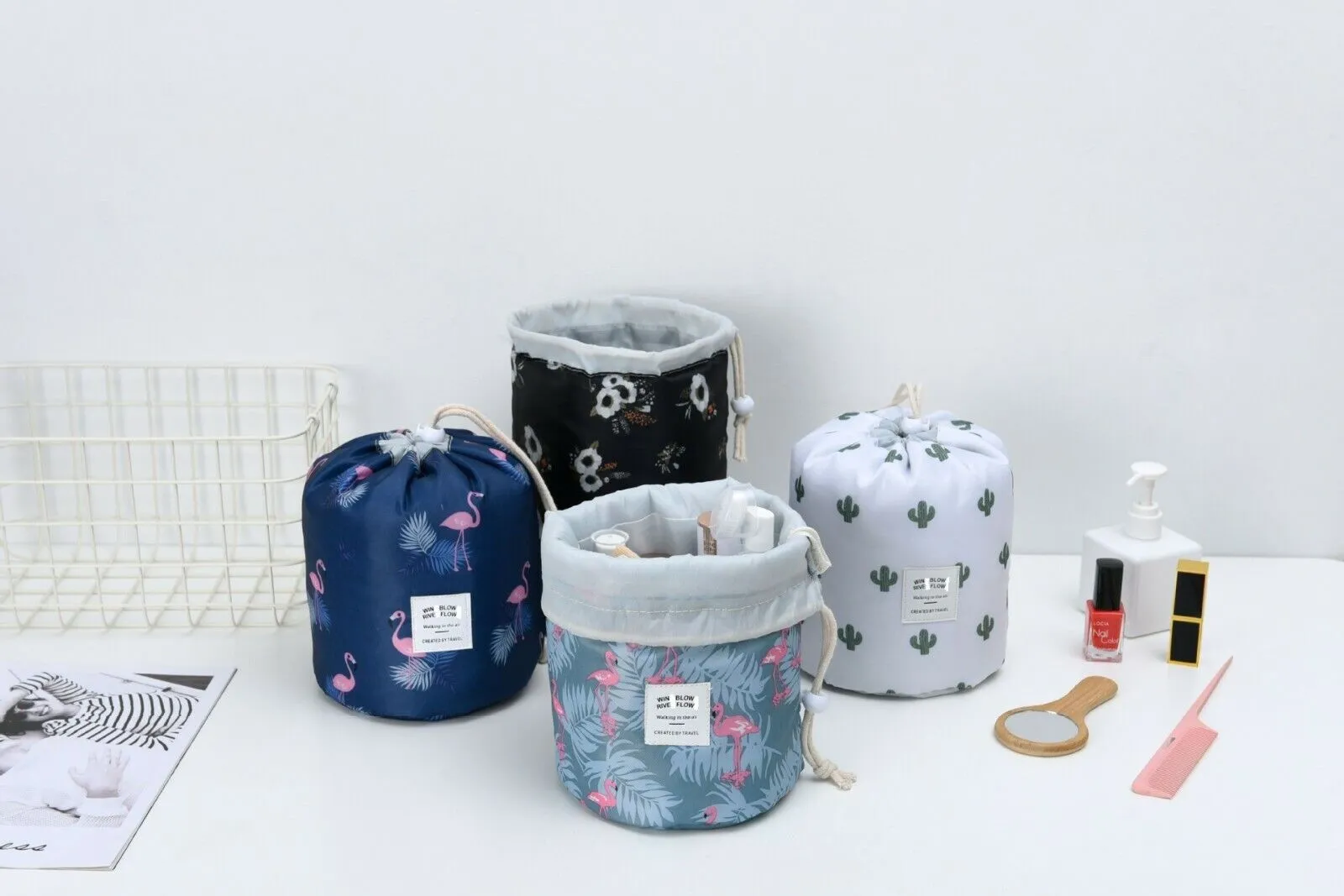 US 1-2 Pcs Large Barrel Travel Cosmetic Bag Nylon Organizer Drawstring Toiletry