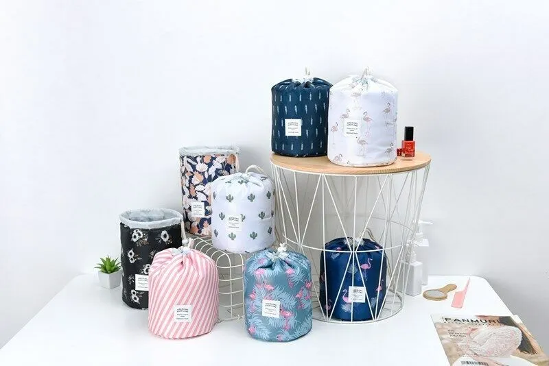 US 1-2 Pcs Large Barrel Travel Cosmetic Bag Nylon Organizer Drawstring Toiletry