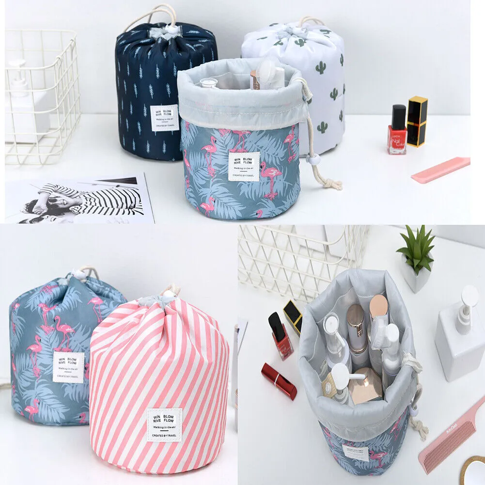 US 1-2 Pcs Large Barrel Travel Cosmetic Bag Nylon Organizer Drawstring Toiletry