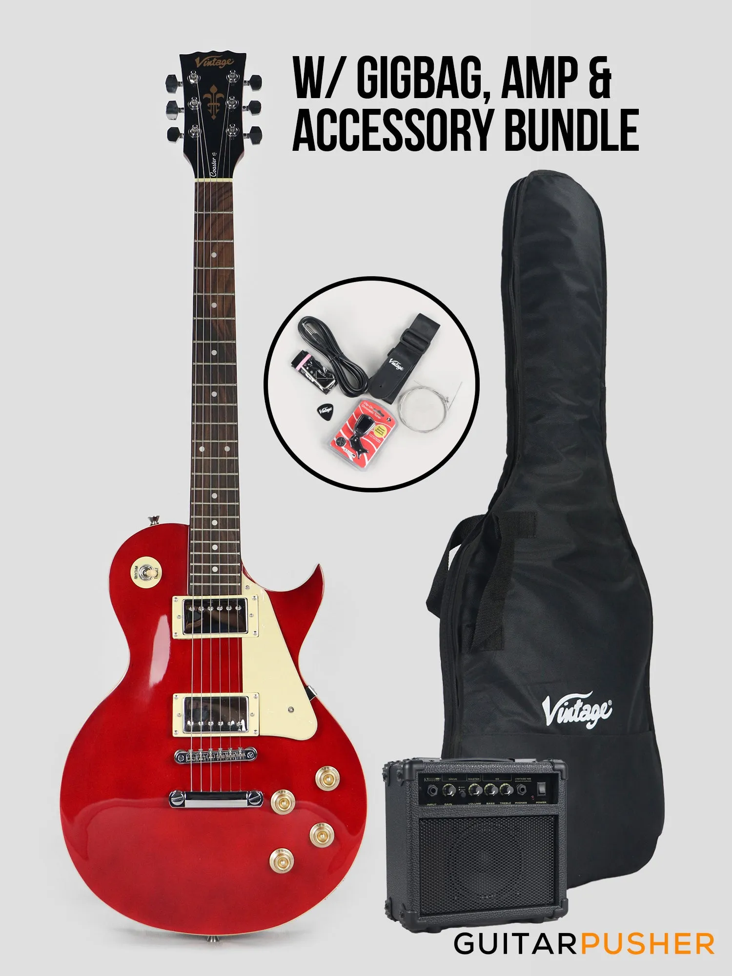 Vintage Coaster Series V10 Singlecut Electric Guitar w/ Kinsman 10-Watt Amplifier, Gig Bag, & Accessories - Wine Red