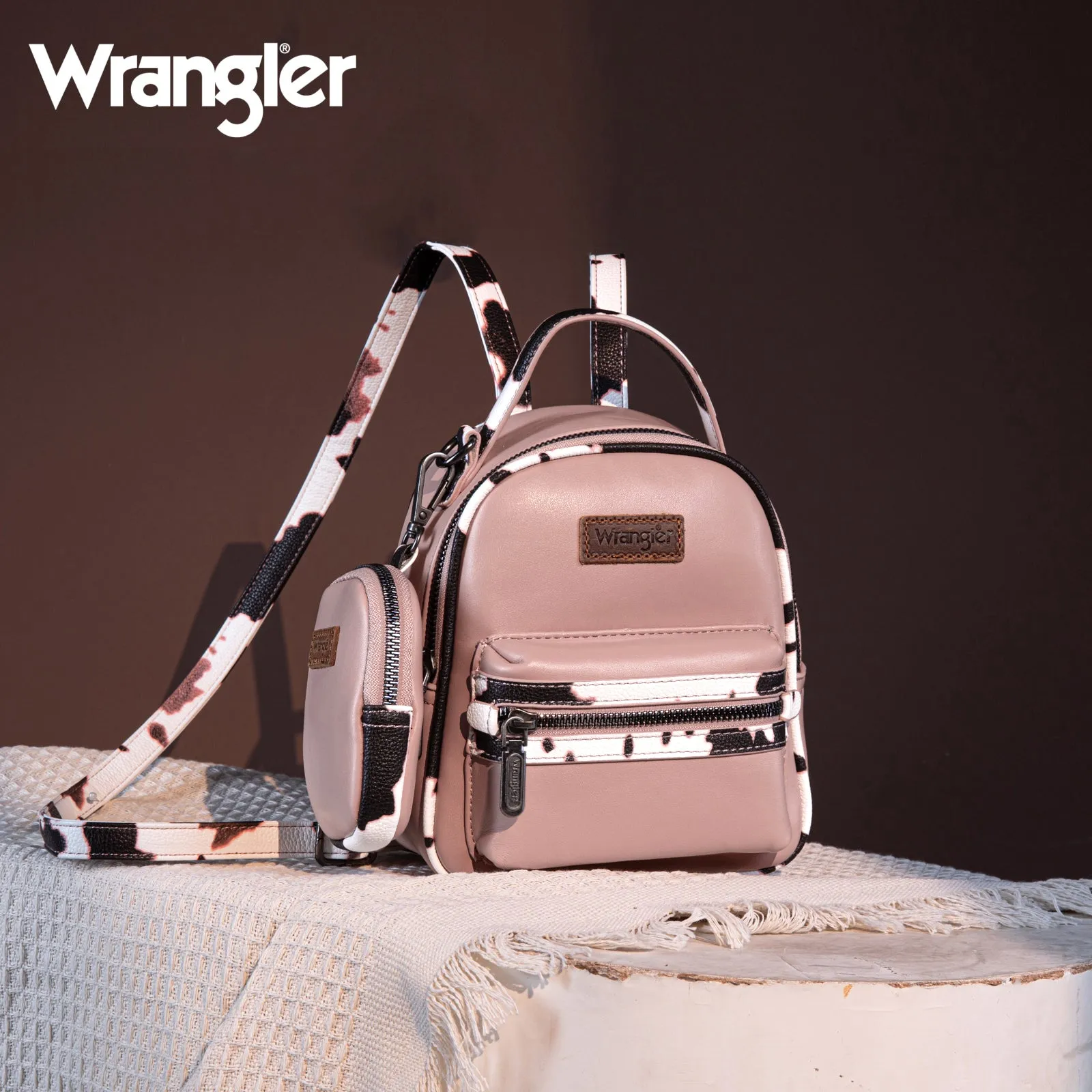 WG102-8600  Wrangler Cow Print  Trimmed Mini Backpack With Coin Pouch - Pink