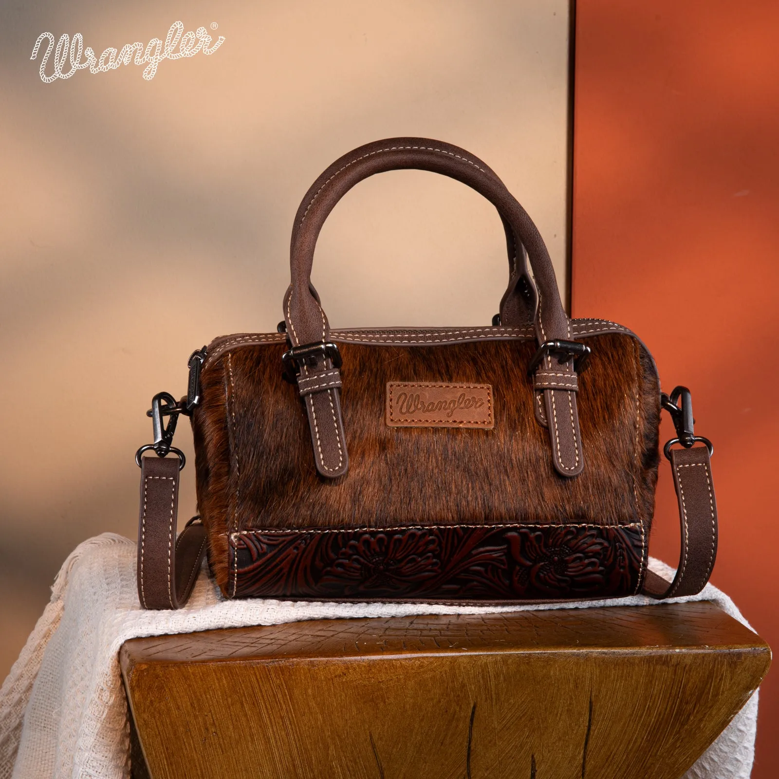 WG169-2025  Wrangler Genuine Hair-On Cowhide Barrel Bag/Crossbody -Coffee