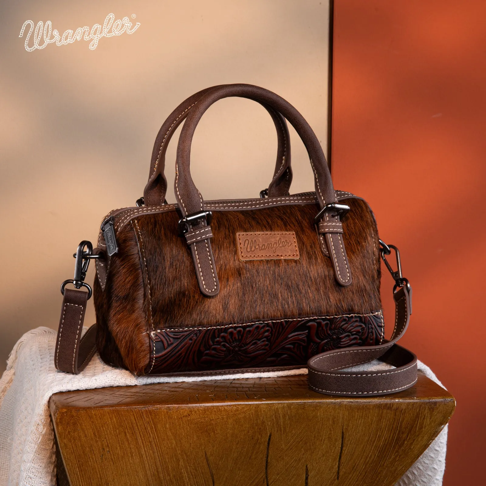 WG169-2025  Wrangler Genuine Hair-On Cowhide Barrel Bag/Crossbody -Coffee