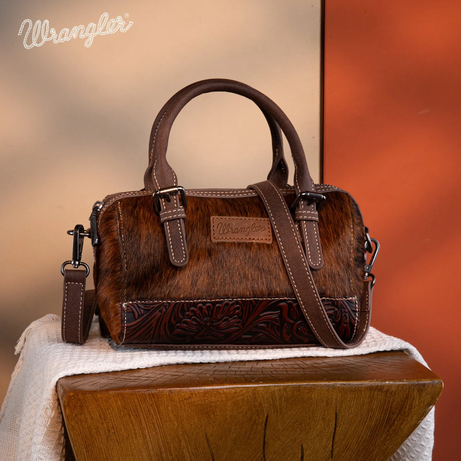 WG169-2025  Wrangler Genuine Hair-On Cowhide Barrel Bag/Crossbody -Coffee