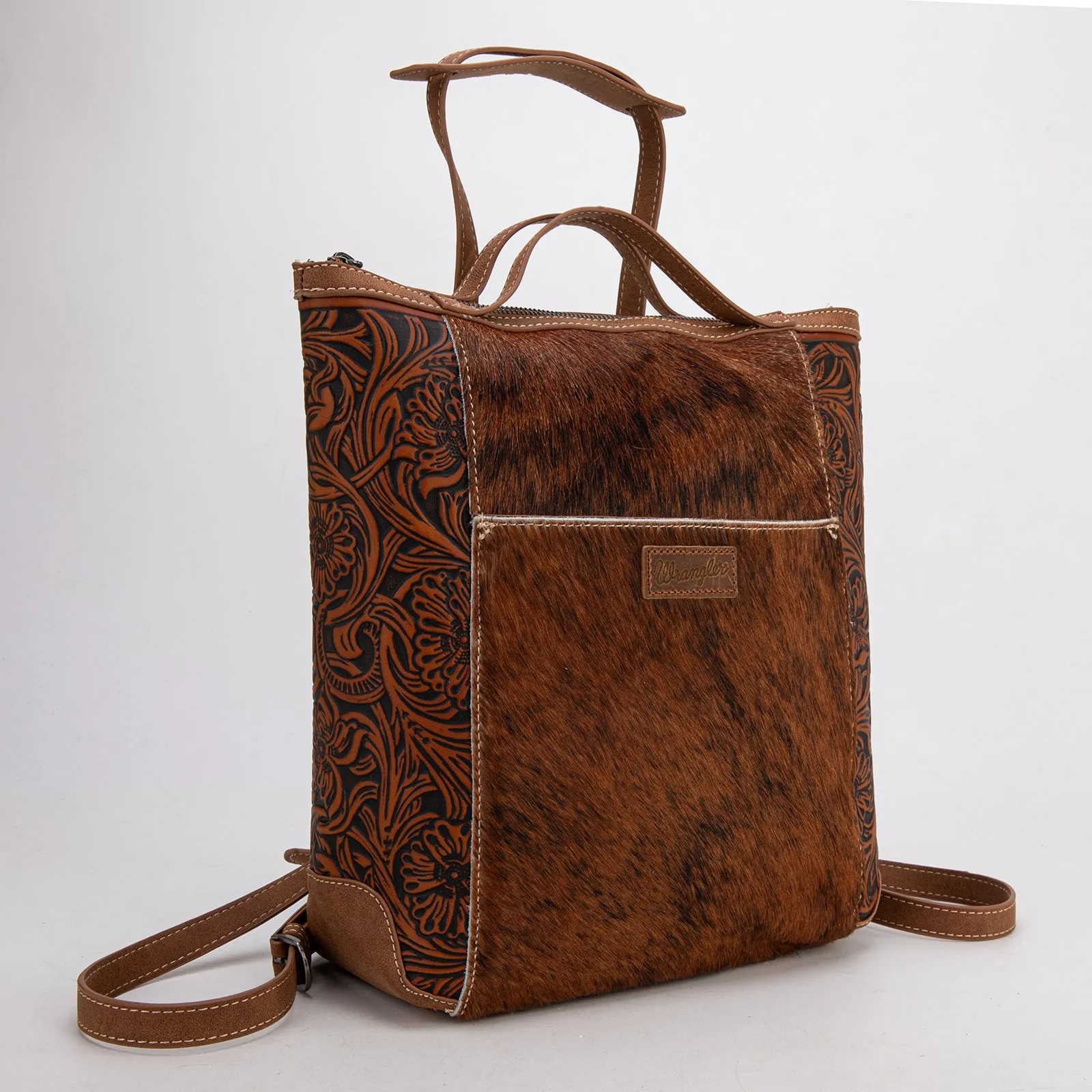 WG169-9112 Wrangler Genuine Hair-On Cowhide Floral Tooled Convertible Backpack/Crossbody - Brown)