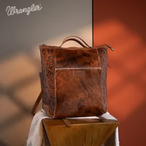 WG169-9112 Wrangler Genuine Hair-On Cowhide Floral Tooled Convertible Backpack/Crossbody - Brown)