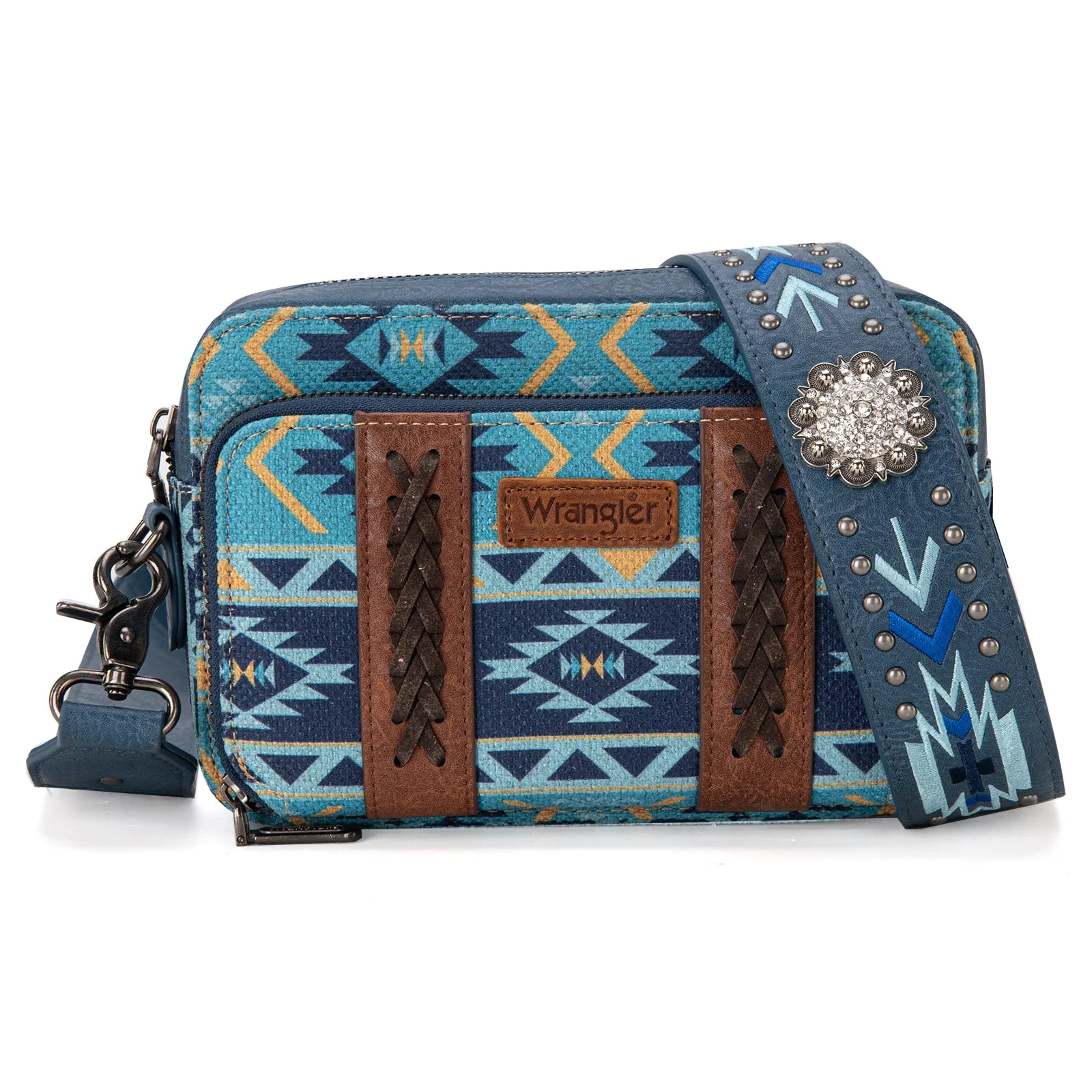 WG2207-3003  Wrangler Aztec Printed Crossbody Purse With Wallet Compartment - Navy