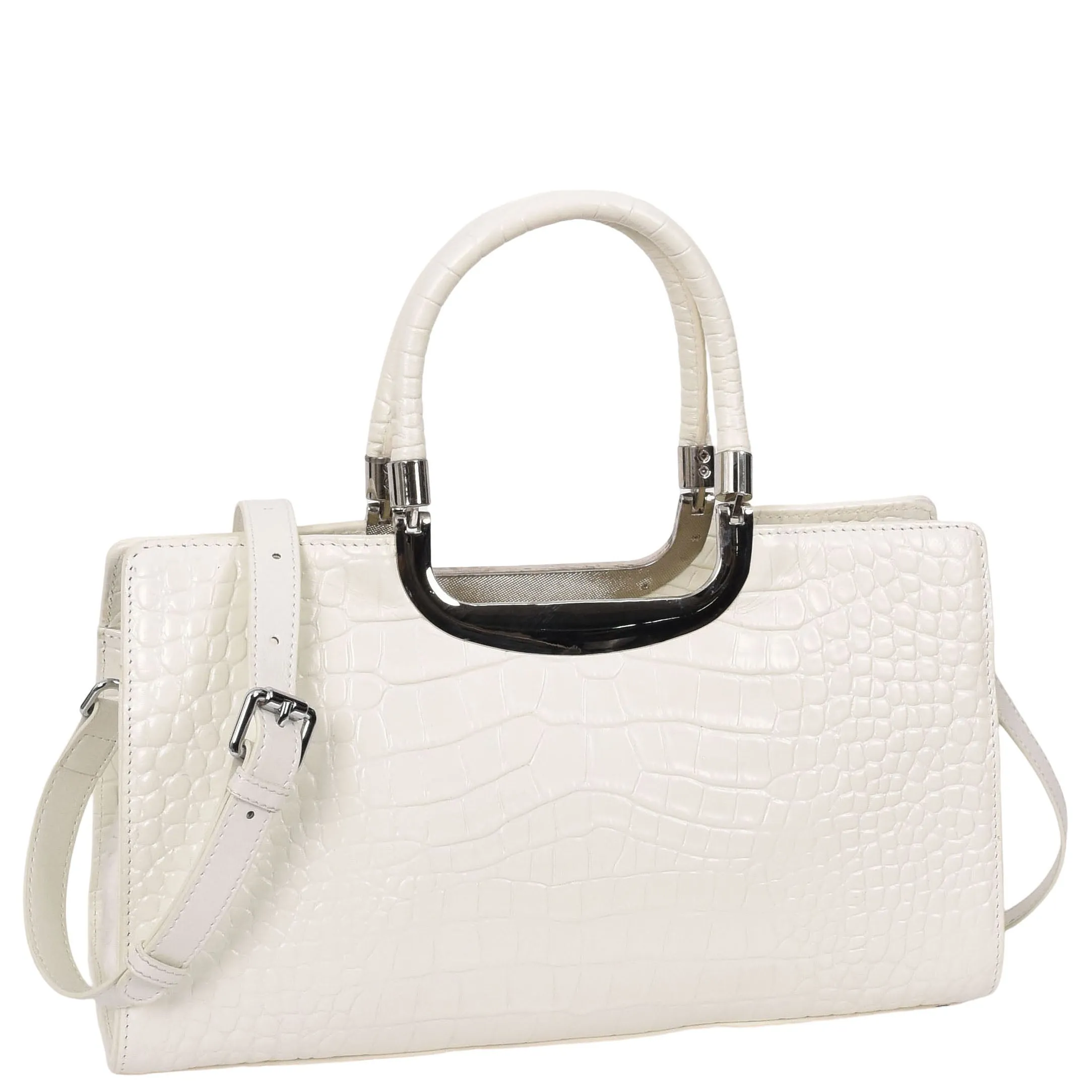 Womens Leather Croc Print Handbag Madeline White