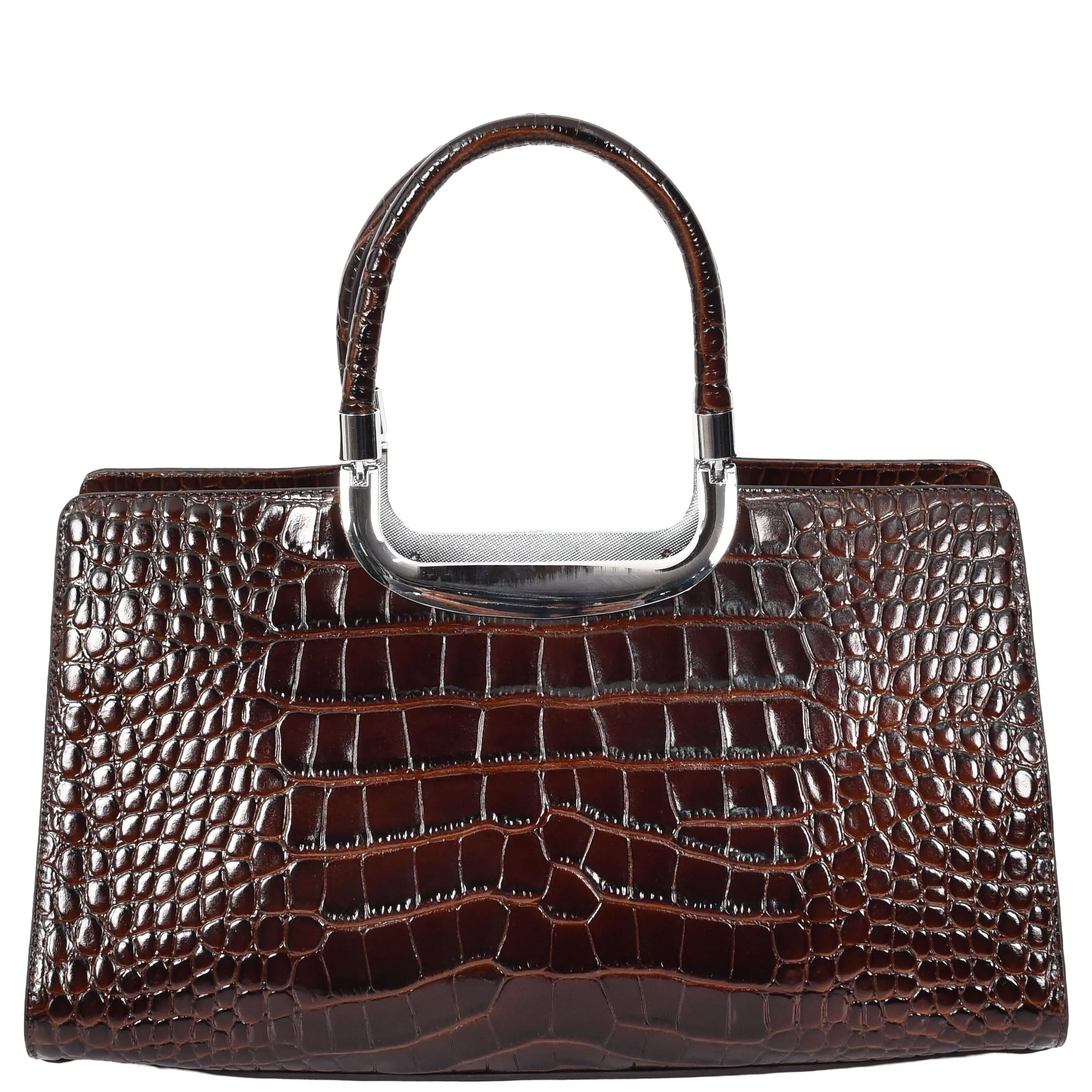 Womens Leather Handbag Croc-Print Casual Fashion Top Handle Tote Bag A880 Brown