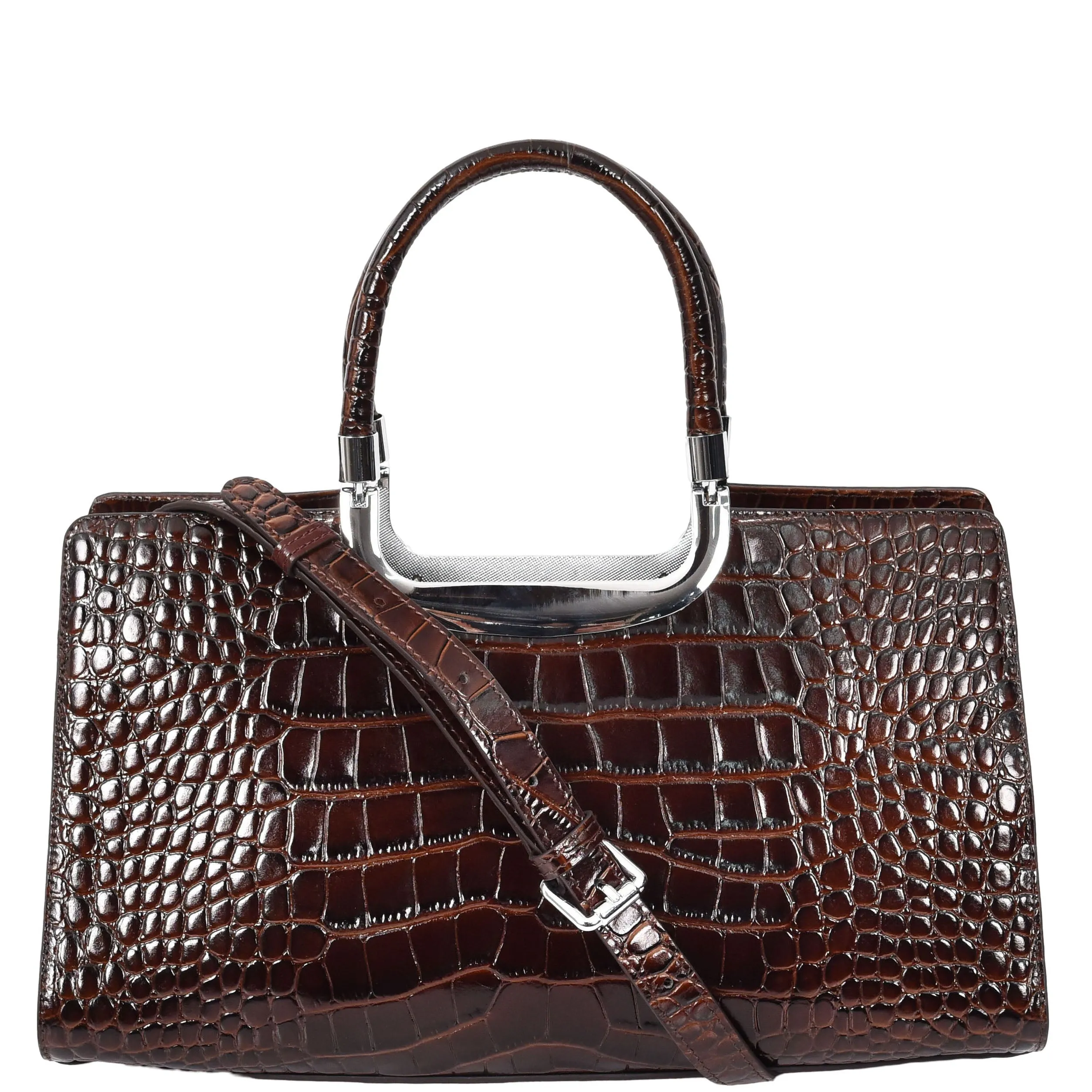 Womens Leather Handbag Croc-Print Casual Fashion Top Handle Tote Bag A880 Brown