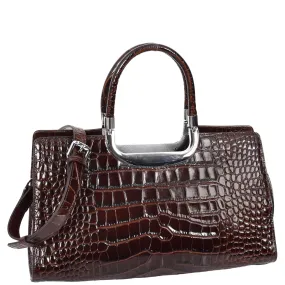 Womens Leather Handbag Croc-Print Casual Fashion Top Handle Tote Bag A880 Brown