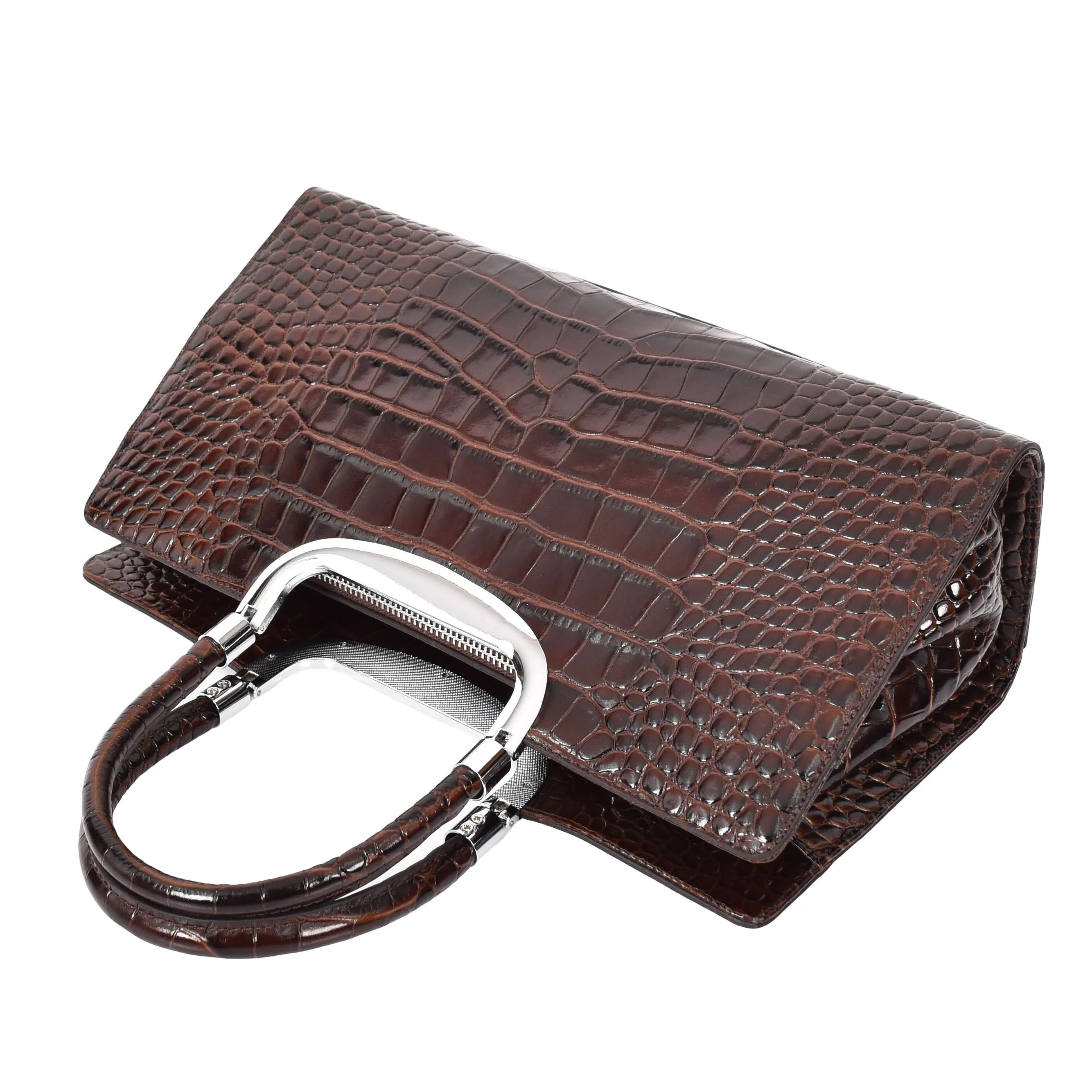 Womens Leather Handbag Croc-Print Casual Fashion Top Handle Tote Bag A880 Brown