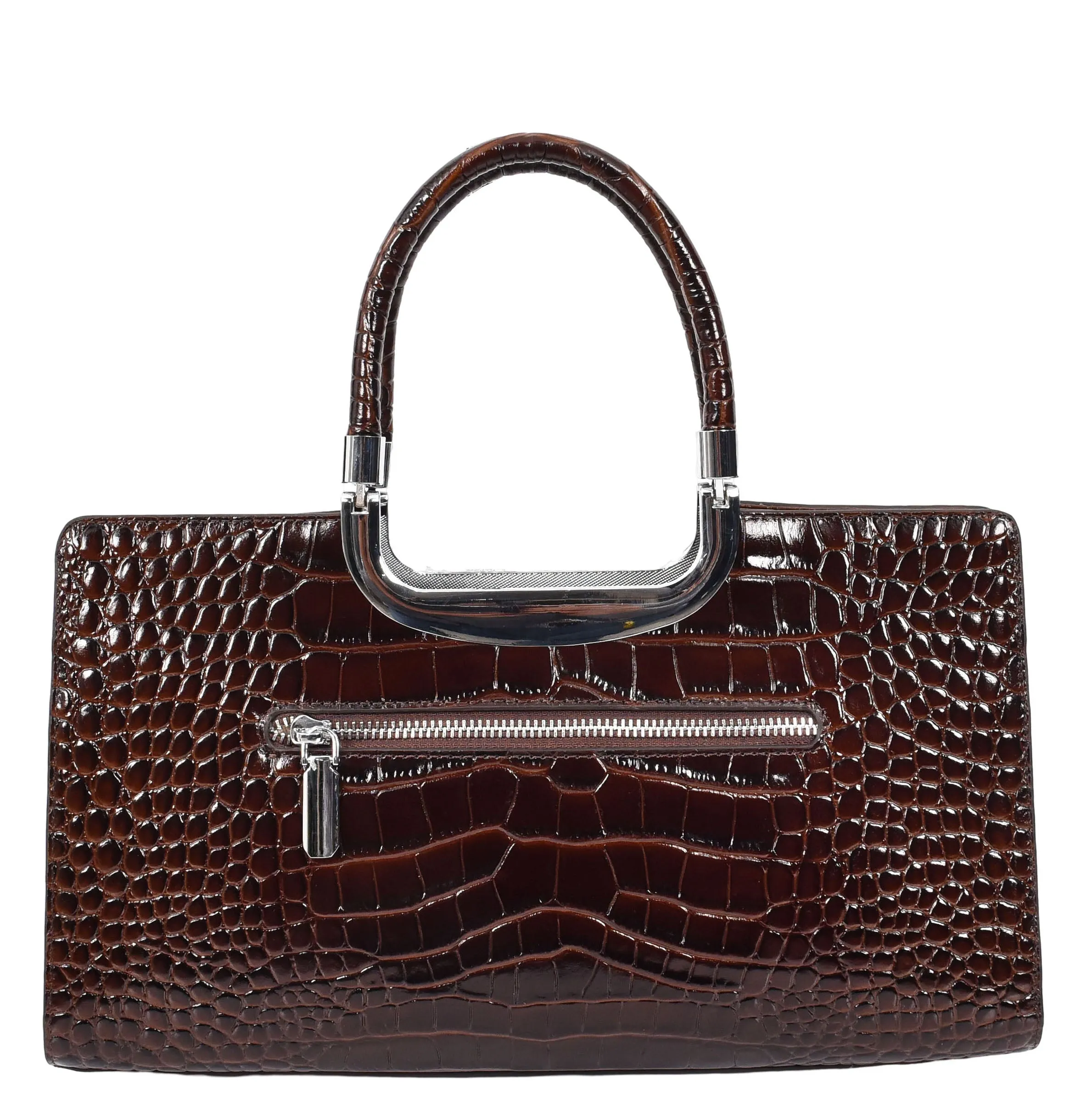 Womens Leather Handbag Croc-Print Casual Fashion Top Handle Tote Bag A880 Brown