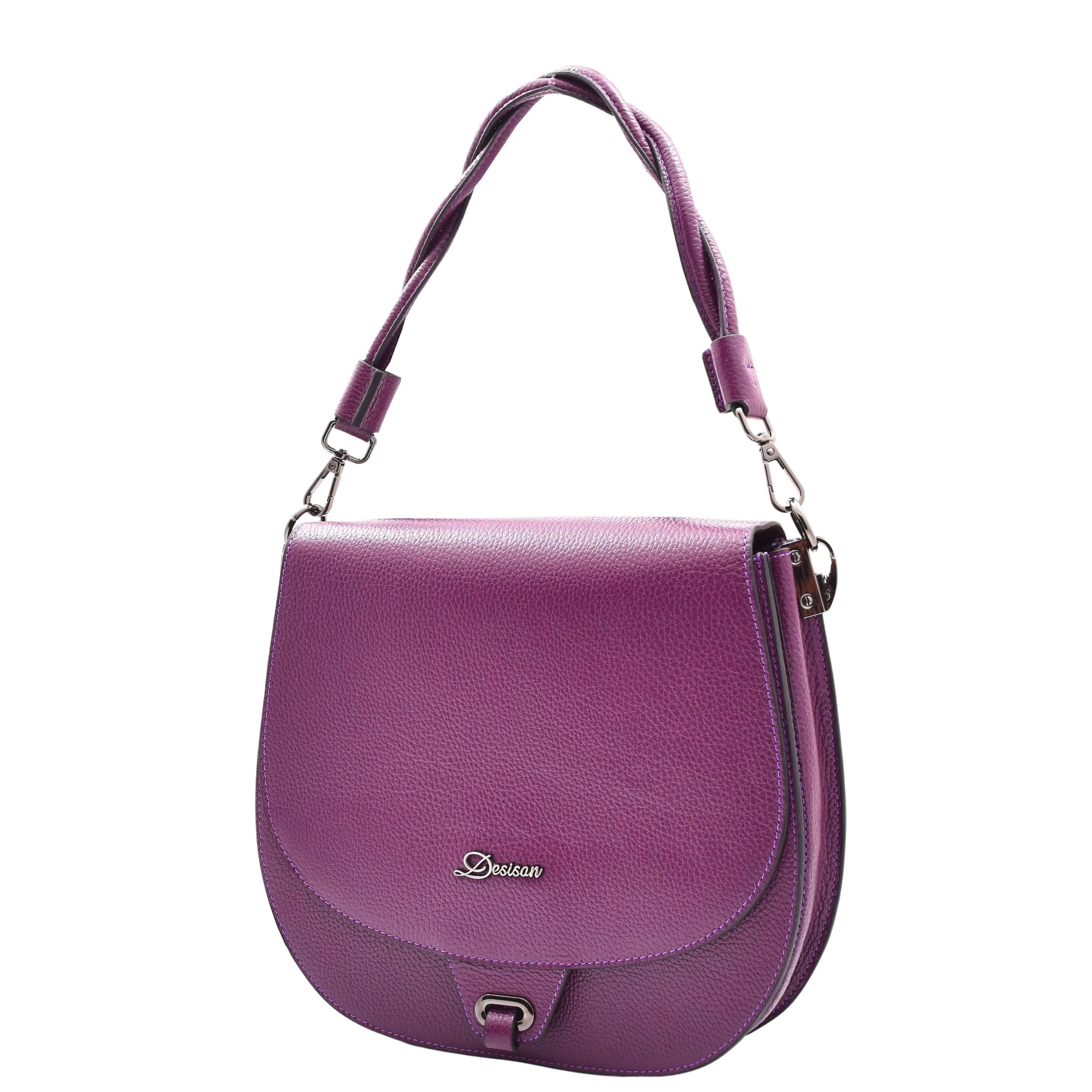 Womens Premium Leather Shoulder Saddle Bag Multi Pocket Handbag A6080 Purple