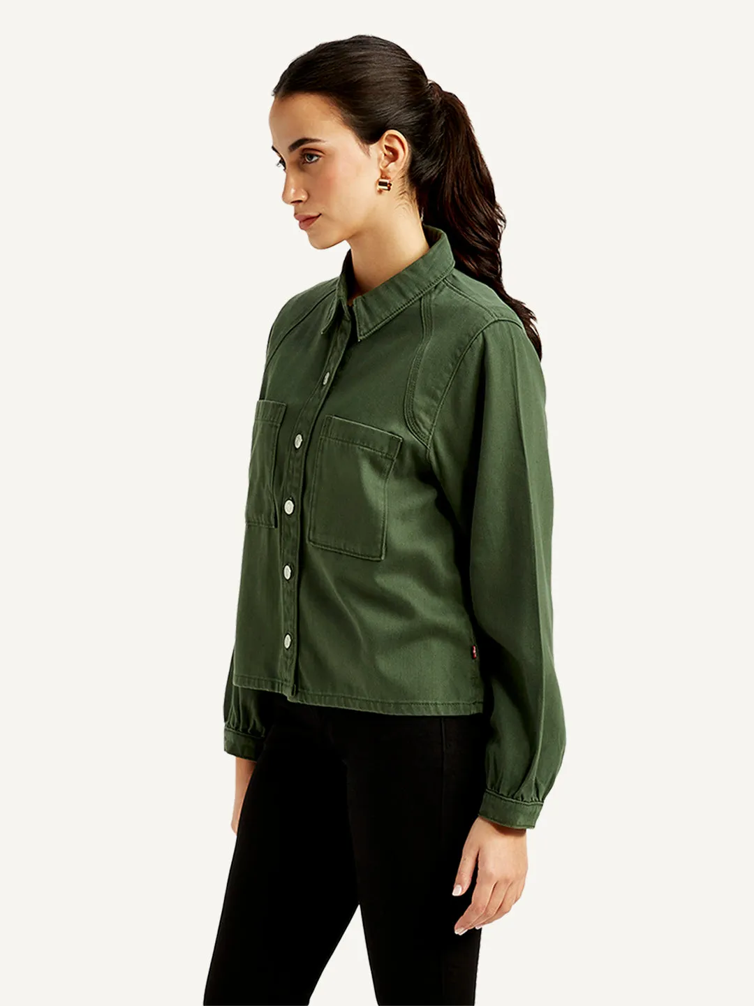 Women's Solid Olive Spread Collar Jacket