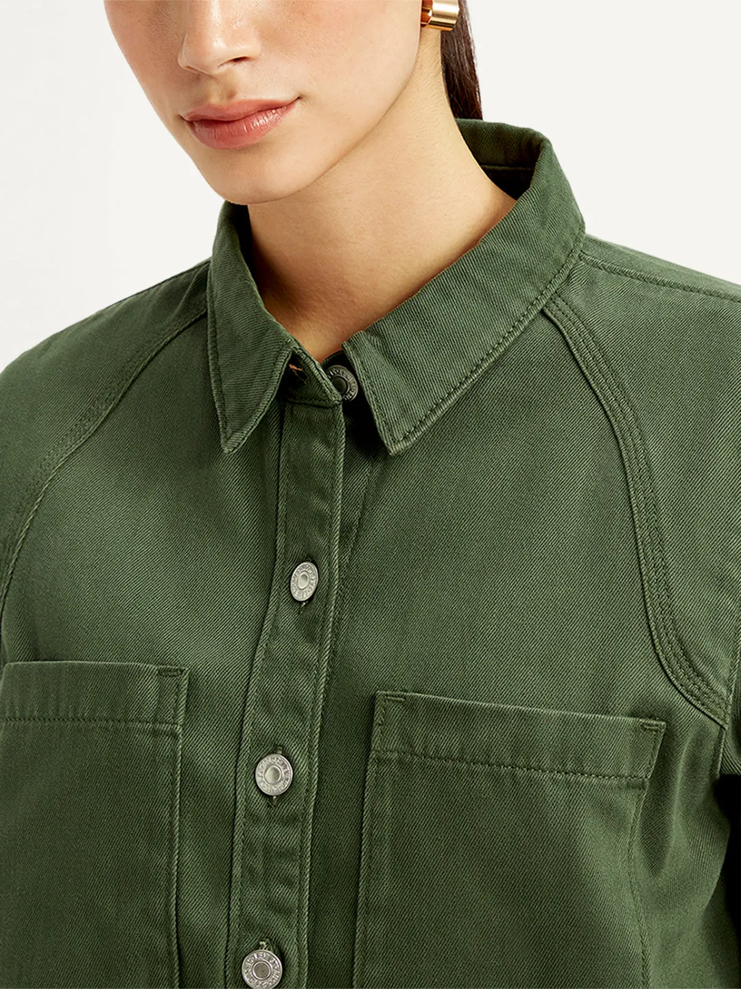 Women's Solid Olive Spread Collar Jacket