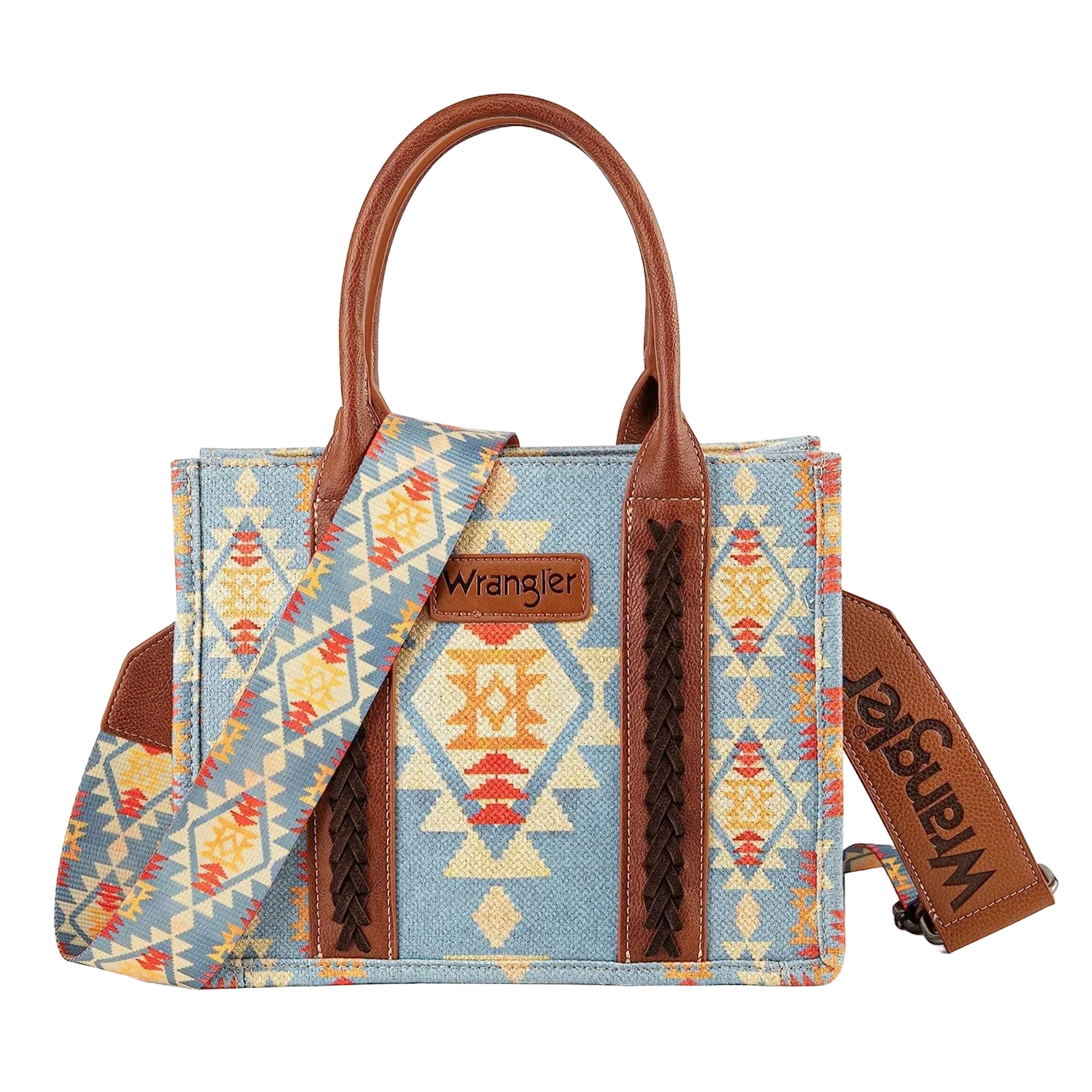 Wrangler Ladies Southwestern Small Canvas Brown Crossbody Tote Bag - Blue WG2202-8120SBR