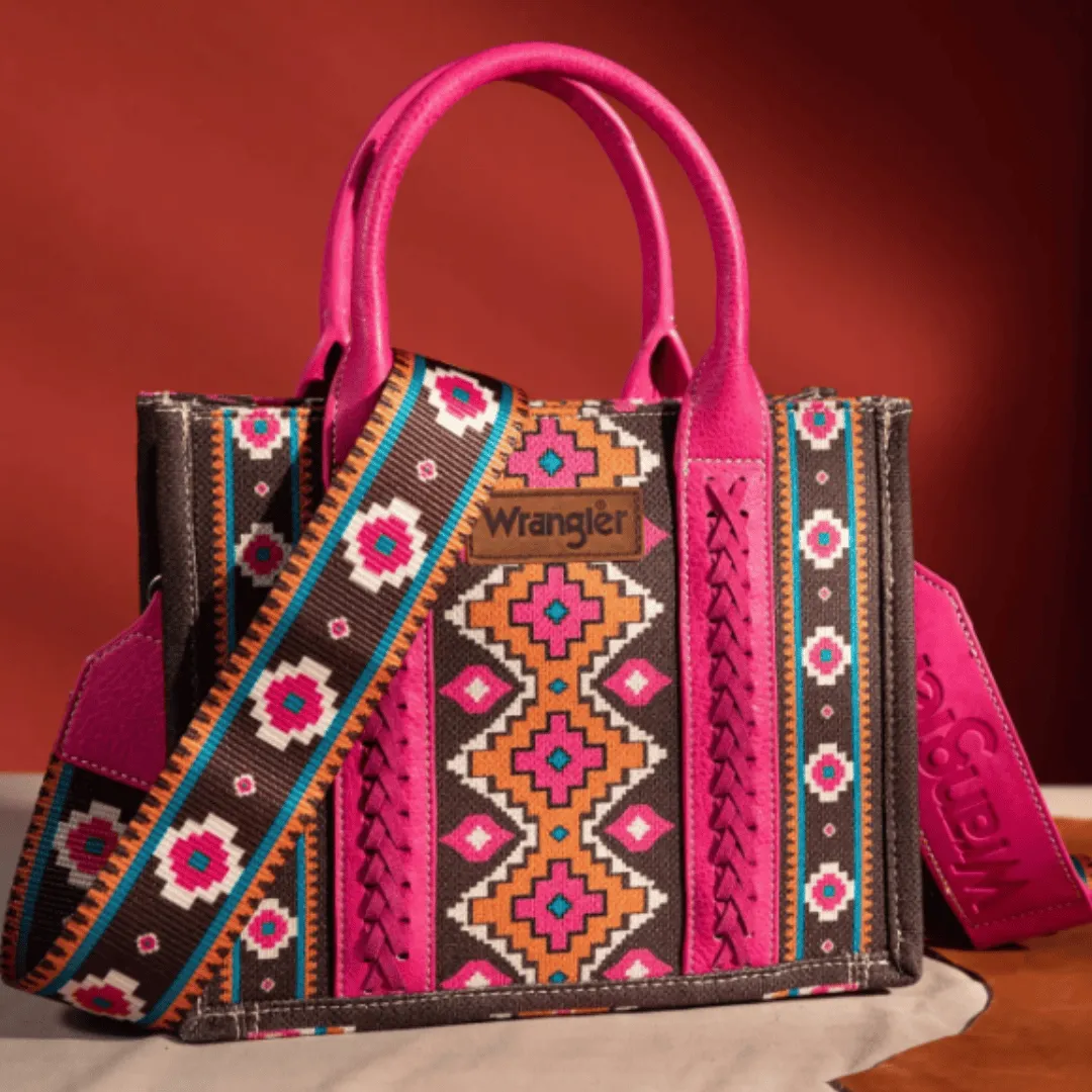 Wrangler Southwestern Print Small Canvas Tote/Crossbody -Hot Pink